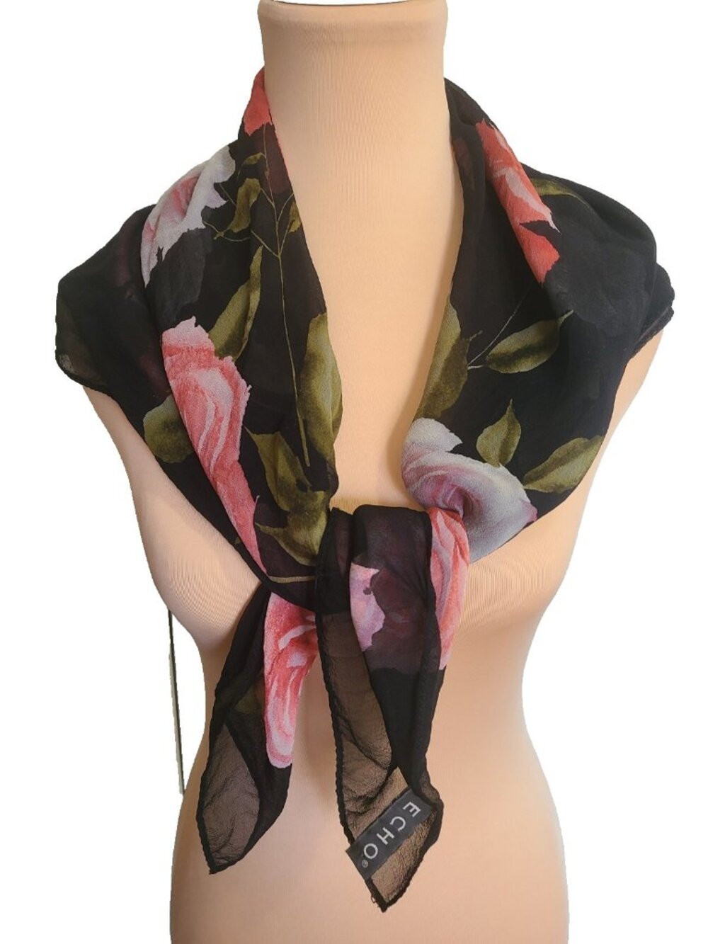 Vintage 100% Silk Scarf Designer ECHO Red Black Floral Square 32"x32"